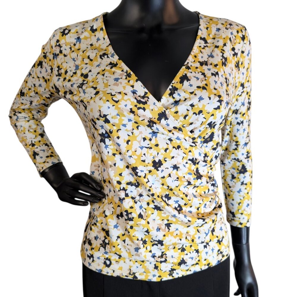 Ann Taylor Petite Floral Wrap Top XSP Yellow Blue Long Sleeve Career Blouse